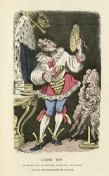 Illustration von Hadol (1835-1875) in Histoire de France tintamarresque, ca. 1880 - Makeup, Ancien regime, Sonne, Perücke - Ludwig XIV.
