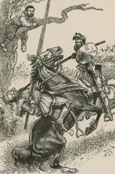 Der Ritter der Spiegel wurde trotz sich selbst über das Hinterteil seines Pferdes geschleudert