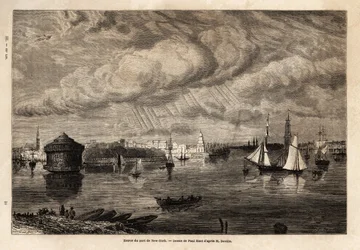 Der Eingang zum Hafen von New York, Zeichnung von Paul Huet (1803-1869), zur Illustration der Reisen nach Nordamerika in den Jahren 1854-1855 von L. Deville. Gravur in „Le tour du monde“ 1861. Sammlung Selva.