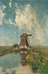 Eine Windmühle an einem Polderwasserweg, bekannt als 