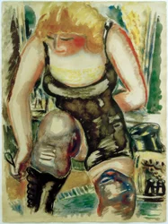 Blonde Dame mit Schuhknöpfer