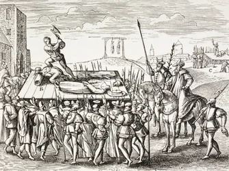 Propaganda des 16. Jahrhunderts, die von König Heinrich VIII. gegen englische Katholiken verhängte Strafen darstellt