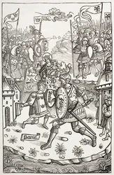 König Artus, oder Arthur, von der Jungfrau beschützt, kämpft gegen einen Riesen. Nach einem Holzschnitt in Chroniques de Bretagne, von Alain Bouchard, veröffentlicht 1514