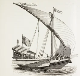 Pontifikalgaleere mit Segeln, Rudern und schwerer Artillerie. Sie führt die päpstliche Flagge. Nach einer Zeichnung von Breugel dem Älteren