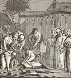St. Benedikt und der Teufel. Als Benedikt eine Kapelle baute, saß der Teufel auf einem Stein und niemand konnte ihn bewegen, bis St. Benedikt den Stein segnete. Dann ergriff der Teufel die Flucht