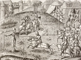 Ritterturnier an einer Quintane, der drehbaren Figur eines Ritters. Nach einer Miniatur in den Chroniques de Charlemagne des 15. Jahrhunderts