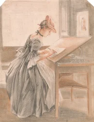 Eine Dame, die an einem Zeichentisch kopiert