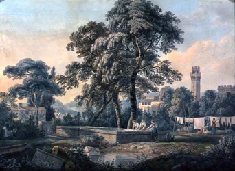 Eine italienische Landschaft mit Frauen an einem Waschplatz