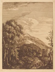 Gebirgige Landschaft mit einem Wasserfall, Rundturm, Schloss und Banditen