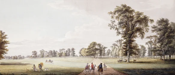 Reiter in einer Allee im Park von Luton, mit Figuren in einem Phaeton und Bauern links