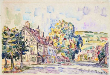 Straße mit einem Fachwerkhaus in der Normandie