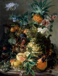 Stillleben mit Früchten und Blumen. Gemälde von Paul Theodor van Brussel (1754-1795) Privatsammlung.