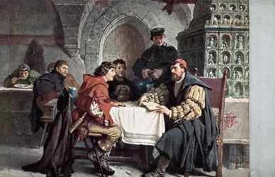 Martin Luther im Gespräch mit Studenten im Gasthof der Bären, Jena, Deutschland, März 1522