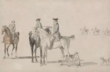 Der Herzog von Cumberland mit einem Gentleman und einem Stallmeister, alle beritten, und Hunde