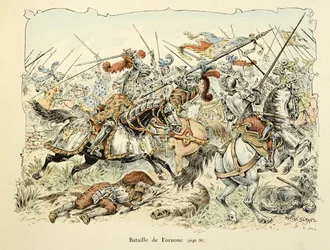 Illustration aus dem Buch „Histoire du chevalier Bayard“ von Theodore Cahu, illustriert von Paul De Semant (1855-1915): Schlacht von Fornoua 1495