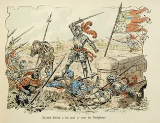Illustration aus dem Buch „Histoire du chevalier Bayard“ von Theodore Cahu, illustriert von Paul De Semant (1855-1915): Bayard verteidigt allein die Brücke von Garigliano 1504