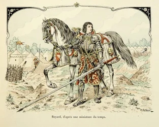 Illustration aus dem Buch „Histoire du chevalier Bayard“ von Theodore Cahu, illustriert von Paul De Semant: Porträt von Bayard nach einer Miniatur der Zeit