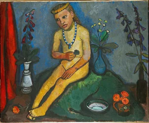 Sitzender Mädchenakt mit Blumen