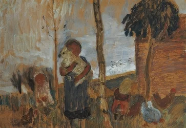 Kinder und Hühner vor Landschaft