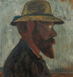 Otto Modersohn mit Strohhut im Profil nach rechts