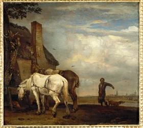 Zwei Arbeitspferde vor einem Bauernhaus