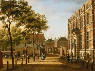 Den Haag: das Mauritspoort und das Binnenhof über den Plein gesehen