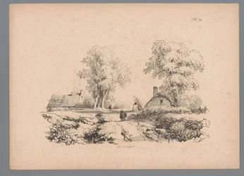 Landschaft mit zwei Häusern und zwei Figuren auf einem Weg