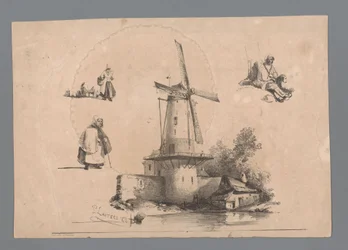 Mühle am Wasser mit drei Figurenstudien