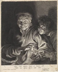 Alte Frau und Junge mit Kerzen