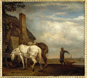 Zwei Pferde vor einer Bauernhütte