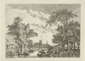 Landschaft mit Heuwagen auf einer Brücke