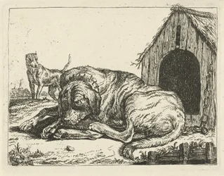 Liegender Hund an einer Kette Verschiedene Hunde (Serientitel)