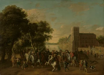 Prinz Maurits, begleitet von Prinz Frederik Hendrik, Friedrich V. von Böhmen und seiner Frau Elizabeth Stuart, und anderen, auf dem Buitenhof, Den Haag