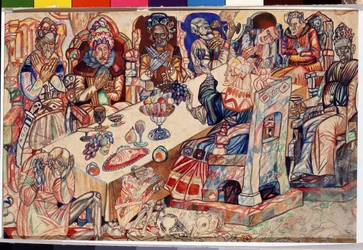 Das Festmahl der Könige. Aquarell und Feder von Pavel Nikolayevich Filonov (1883-1941) um 1912 Staatliches Russisches Museum, Sankt Petersburg
