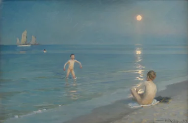 Jungen baden in Skagen. Sommerabend