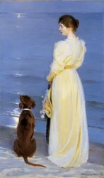Sommerabend in Skagen. Die Frau des Künstlers mit Hund am Strand
