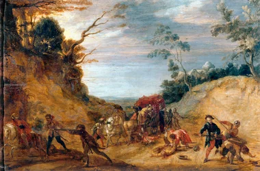 Ein Überfall von Banditen auf eine Postkutsche