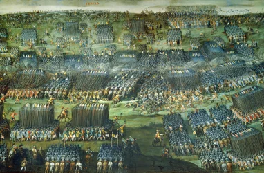 Die Schlacht am Weißen Berg bei Prag am 7.-8. November 1620, Gemälde von Pieter Snayers, erhalten in Santa Maria della Vittoria, Rom. Detail. Dreißigjähriger Krieg, Tschechische Republik