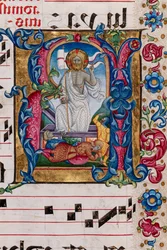 Piccolomini-Bibliothek: Chorbuch, cod. 101.7, ff. 14r mit „Auferstehung Christi“, von Pellegrino di Mariano (Detail)