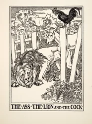 Der Esel, der Löwe und der Hahn, aus Hundert Fabeln des Äsop, veröffentlicht 1903