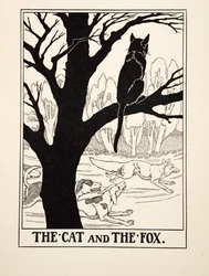 Die Katze und der Fuchs, aus Hundert Fabeln von Äsop, veröffentlicht 1903 (Gravur)