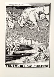 Die zwei Stiere und der Frosch, aus Fontaine Fabeln, veröffentlicht 1905
