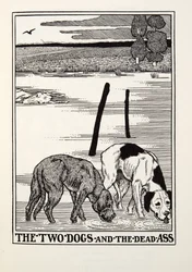 Die zwei Hunde und der tote Esel, aus Fontaine Fabeln, veröffentlicht 1905
