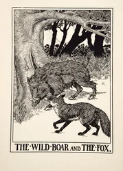 Der Wildeber und der Fuchs, aus „Hundert Fabeln des Äsop“, veröffentlicht 1903