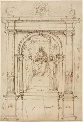 Altarbild der Madonna mit Kind und Heiligen in seiner architektonischen Umgebung