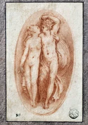 Umarmendes Paar. Zeichnung in Rötel von Pietro Buonaccorsi (1500-1546/47), auch bekannt als Pierino del Vaga