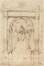 Altarbild der Madonna mit Kind und Heiligen in seiner architektonischen Umgebung