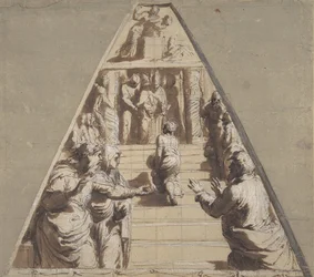 Darstellung der Jungfrau im Tempel unten, Abraham bereit, Isaak oben zu opfern, 1520