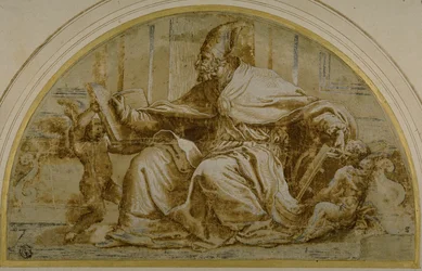 Sitzender Kirchenvater (Heiliger Augustinus?) mit Putti