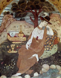 Eine persische Prinzessin unter der Herrschaft von Abbas I., ruhend. 17. Jahrhundert. Fresko aus dem Palast der 40 Säulen (Chehel Sotoun) in Isfahan, Iran.